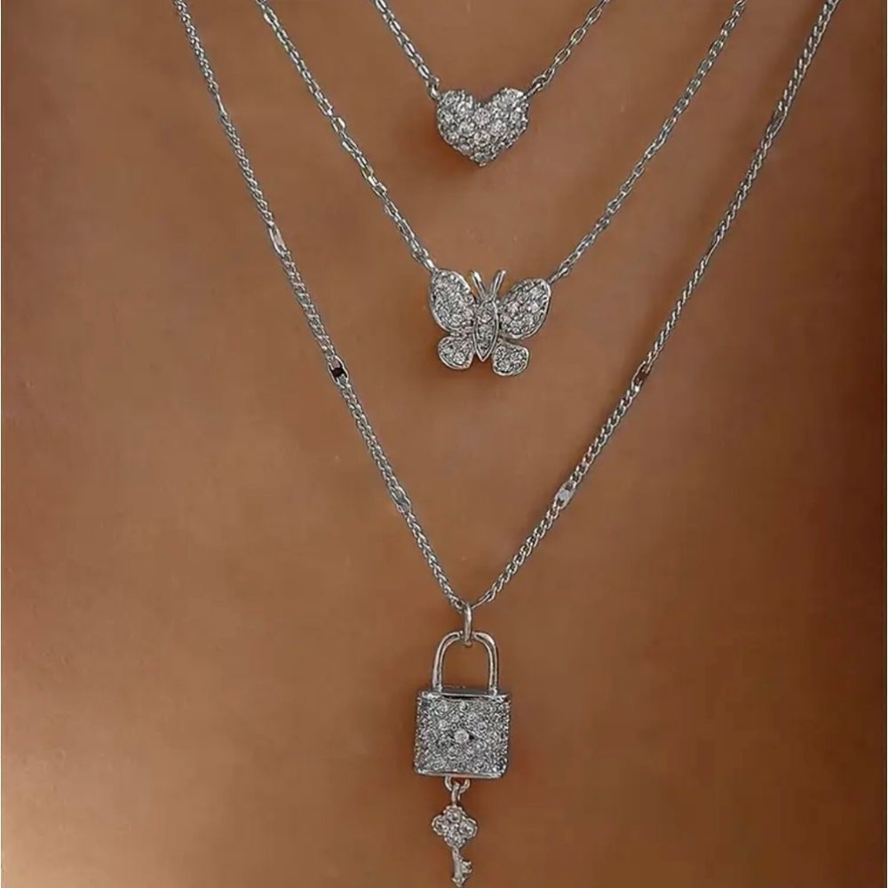 Silver Heart Butterfly Lock Pendant Layered Necklace